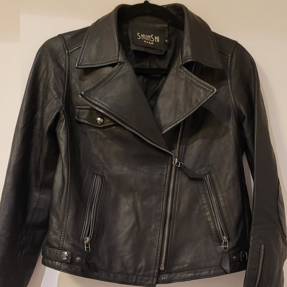 Black genuine leather biker jacket